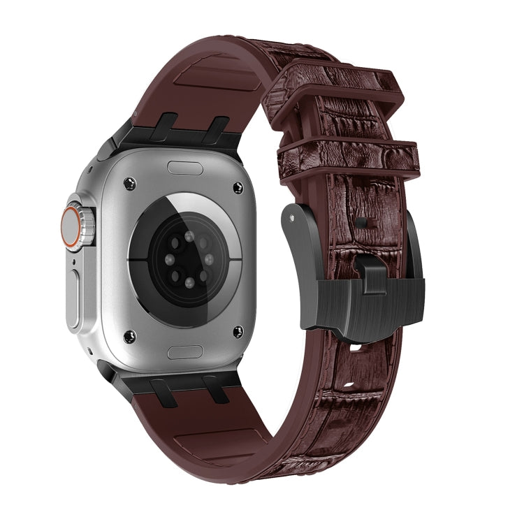 For Apple Watch Ultra 49mm Crocodile Texture Liquid Silicone Watch Band(Black Dark Brown) - Watch Bands by PMC TechLife | Online Shopping South Africa | PMC TechLife