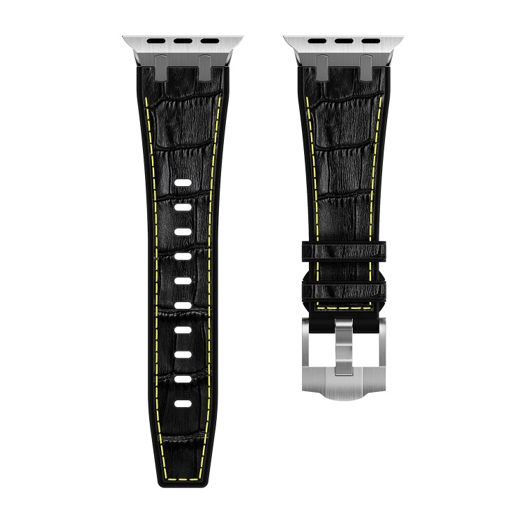 For Apple Watch Ultra 49mm Crocodile Texture Liquid Silicone Watch Band(Silver Yellow Black)