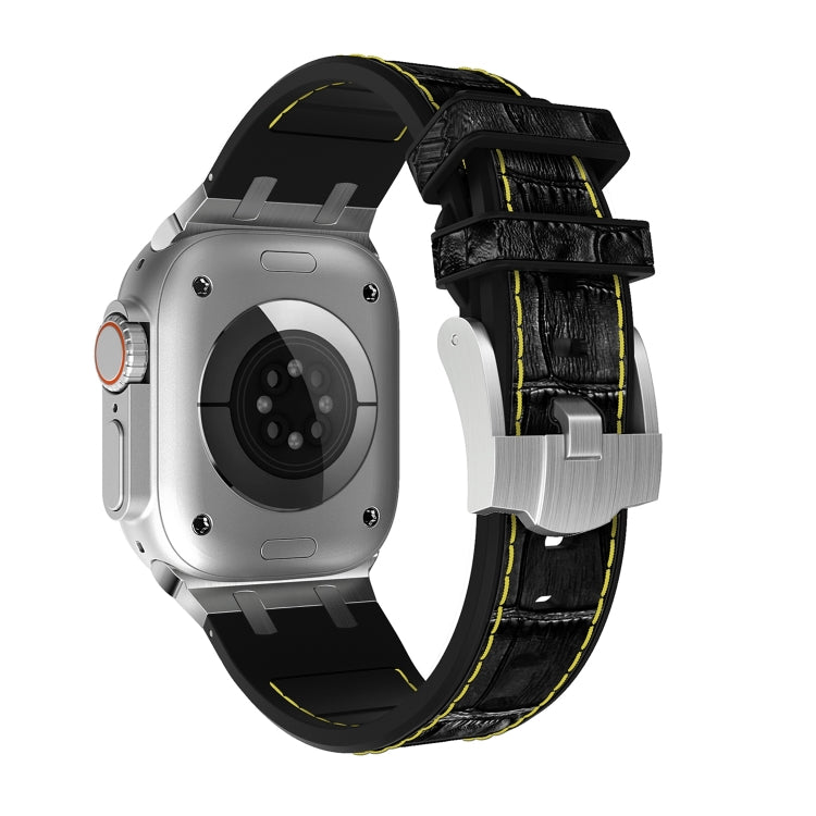 For Apple Watch Ultra 49mm Crocodile Texture Liquid Silicone Watch Band(Silver Yellow Black)