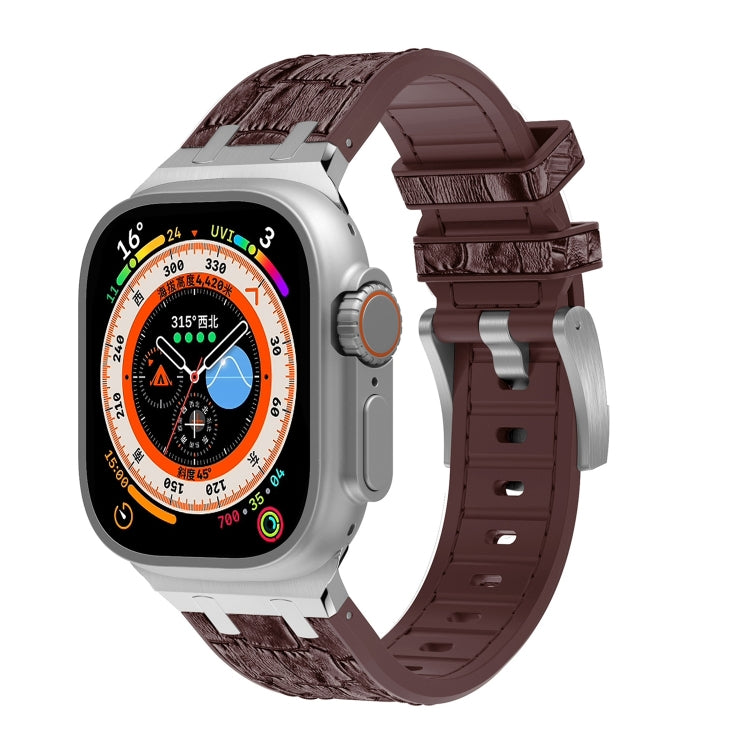 For Apple Watch Ultra 49mm Crocodile Texture Liquid Silicone Watch Band(Silver Dark Brown) - Watch Bands by PMC TechLife | Online Shopping South Africa | PMC TechLife
