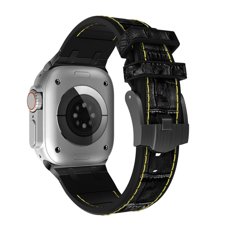 For Apple Watch Series 8 41mm Crocodile Texture Liquid Silicone Watch Band(Black Yellow Black)