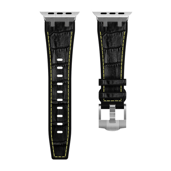 For Apple Watch Series 8 41mm Crocodile Texture Liquid Silicone Watch Band(Silver Yellow Black)