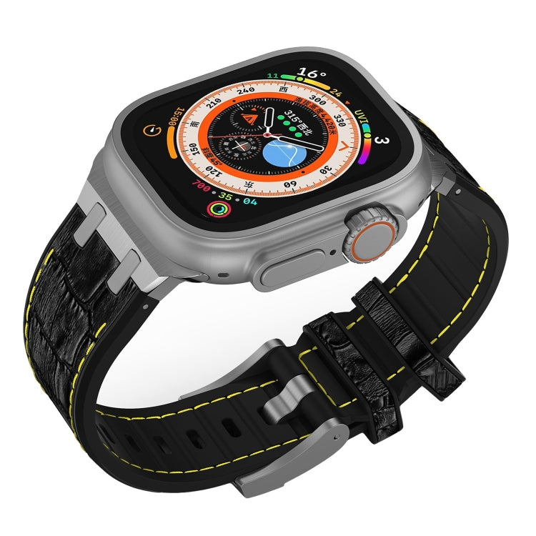 For Apple Watch Series 8 41mm Crocodile Texture Liquid Silicone Watch Band(Silver Yellow Black)