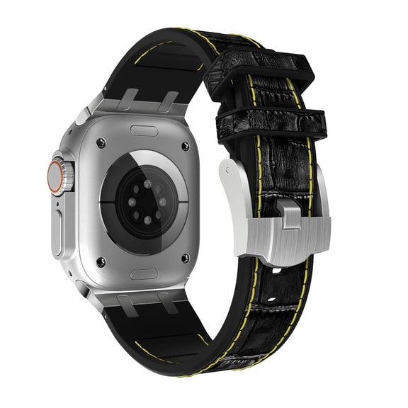 For Apple Watch Series 8 41mm Crocodile Texture Liquid Silicone Watch Band(Silver Yellow Black)