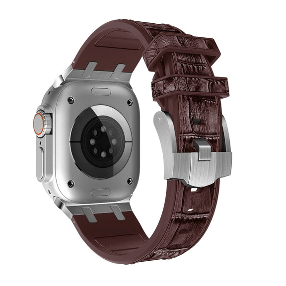 For Apple Watch Series 8 41mm Crocodile Texture Liquid Silicone Watch Band(Silver Dark Brown)
