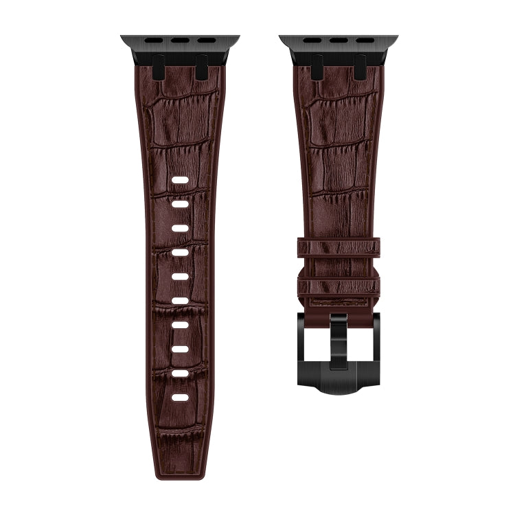 For Apple Watch Series 8 45mm Crocodile Texture Liquid Silicone Watch Band(Black Dark Brown)