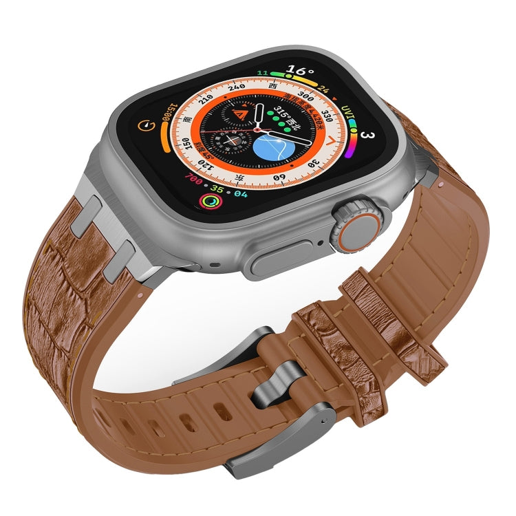 For Apple Watch Series 8 45mm Crocodile Texture Liquid Silicone Watch Band(Silver Yellow Brown)