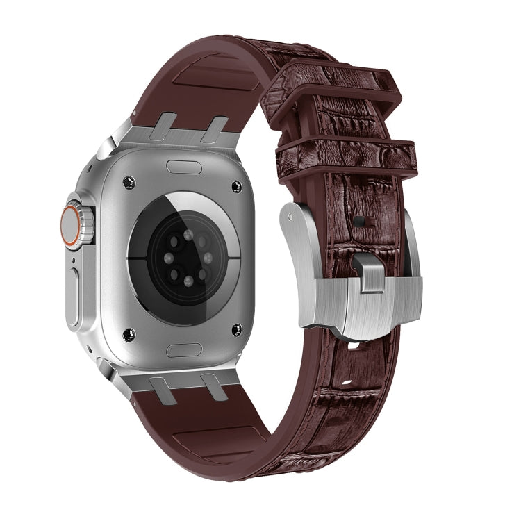 For Apple Watch SE 2022 44mm Crocodile Texture Liquid Silicone Watch Band(Silver Dark Brown) - Watch Bands by PMC TechLife | Online Shopping South Africa | PMC TechLife