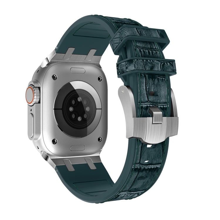 For Apple Watch SE 40mm Crocodile Texture Liquid Silicone Watch Band(Silver Deep Green)