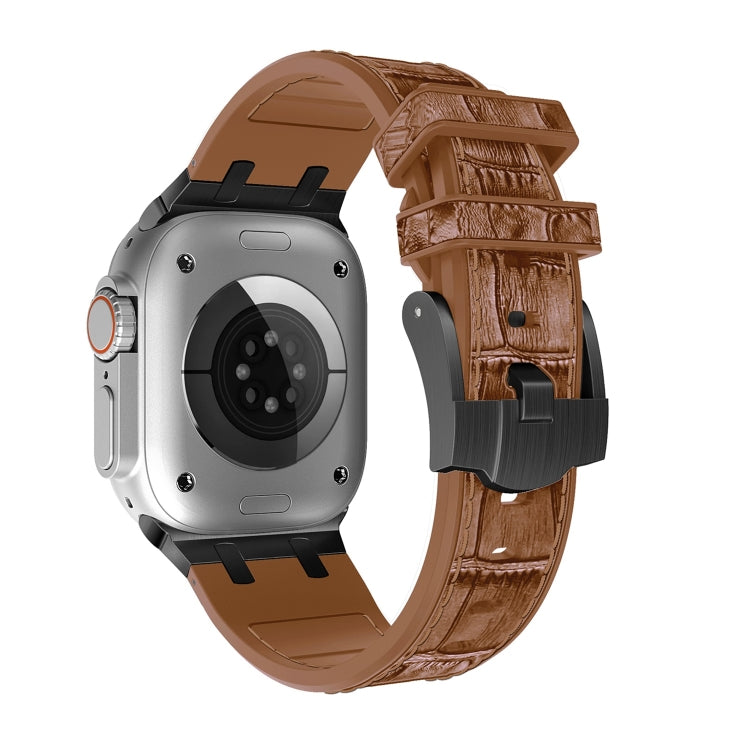 For Apple Watch Series 6 40mm Crocodile Texture Liquid Silicone Watch Band(Black Yellow Brown)