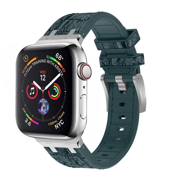 For Apple Watch 42mm Crocodile Texture Liquid Silicone Watch Band(Silver Deep Green)