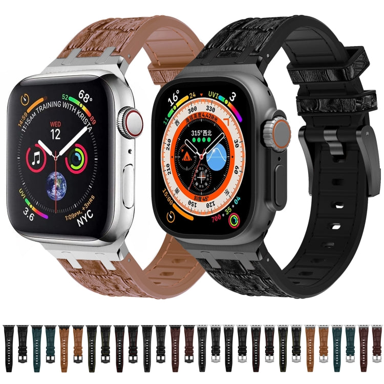 For Apple Watch Series 4 44mm Crocodile Texture Liquid Silicone Watch Band(Silver Yellow Brown)