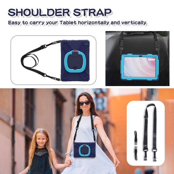 For Amazon Kindle Fire HD10 2023 Silicone Hybrid PC Tablet Case with Holder & Shoulder Strap(Navy Blue)