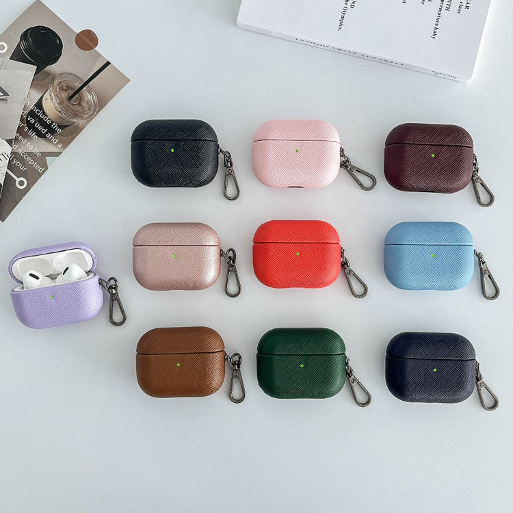 For AirPods Pro 2 Cross Texture PU Leather Bluetooth Earphone Protective Case(Dark Blue)