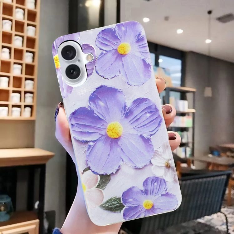 For iPhone 16 Colorful Painting Pattern TPU Phone Case(Purple Flowers) - iPhone 16 Cases by PMC TechLife | Online Shopping South Africa | PMC TechLife | Buy Now Pay Later Mobicred