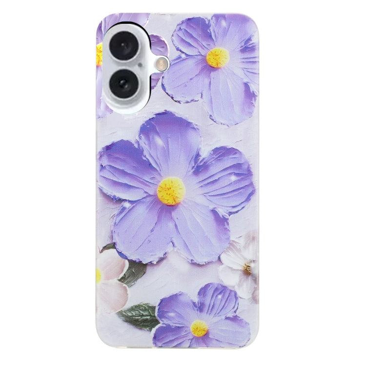 For iPhone 16 Colorful Painting Pattern TPU Phone Case(Purple Flowers)