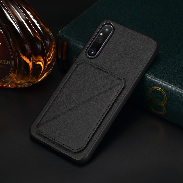 For Sony Xperia 1 V D04 Calf Texture Dual Card Slot Holder Phone Case(Black) - Sony Cases by PMC TechLife | Online Shopping South Africa | PMC TechLife | Buy Now Pay Later Mobicred