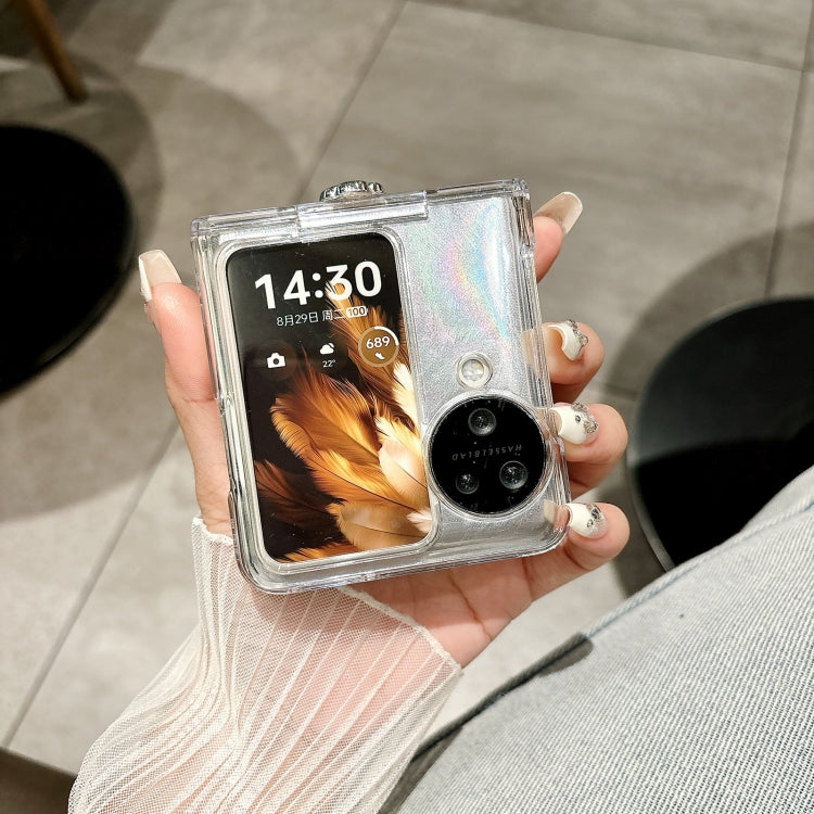 For OPPO Find N3 Flip Skin Feel PC Feather Gauze Glitter Paper Camellia Phone Case with Bracelet(Transparent)