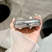 For OPPO Find N3 Flip Skin Feel PC Feather Gauze Glitter Paper Camellia Phone Case with Bracelet(Transparent)
