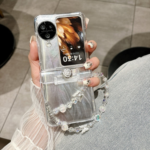 For OPPO Find N3 Flip Skin Feel PC Feather Gauze Glitter Paper Camellia Phone Case with Bracelet(Transparent)