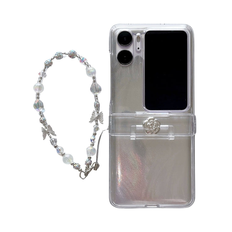 For OPPO Find N2 Flip Skin Feel PC Feather Gauze Glitter Paper Camellia Phone Case with Bracelet(Transparent) - Find N2 Flip Cases by PMC TechLife | Online Shopping South Africa | PMC TechLife