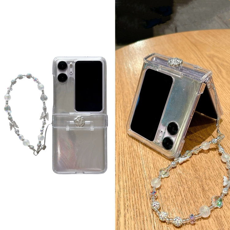 For OPPO Find N2 Flip Skin Feel PC Feather Gauze Glitter Paper Camellia Phone Case with Bracelet(Transparent) - Find N2 Flip Cases by PMC TechLife | Online Shopping South Africa | PMC TechLife
