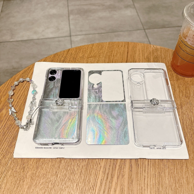 For OPPO Find N2 Flip Skin Feel PC Feather Gauze Glitter Paper Camellia Phone Case with Bracelet(Transparent) - Find N2 Flip Cases by PMC TechLife | Online Shopping South Africa | PMC TechLife