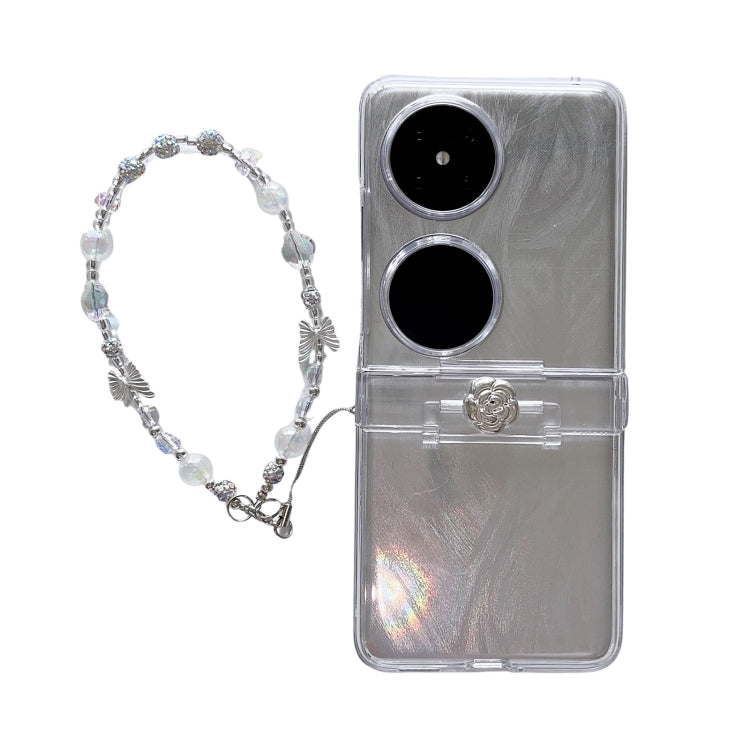For Huawei P50 Pocket Skin Feel PC Feather Gauze Glitter Paper Camellia Phone Case with Bracelet(Transparent) - Huawei Cases by PMC TechLife | Online Shopping South Africa | PMC TechLife | Buy Now Pay Later Mobicred