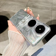 For Huawei P50 Pocket Skin Feel PC Feather Gauze Glitter Paper Camellia Phone Case with Bracelet(Transparent)