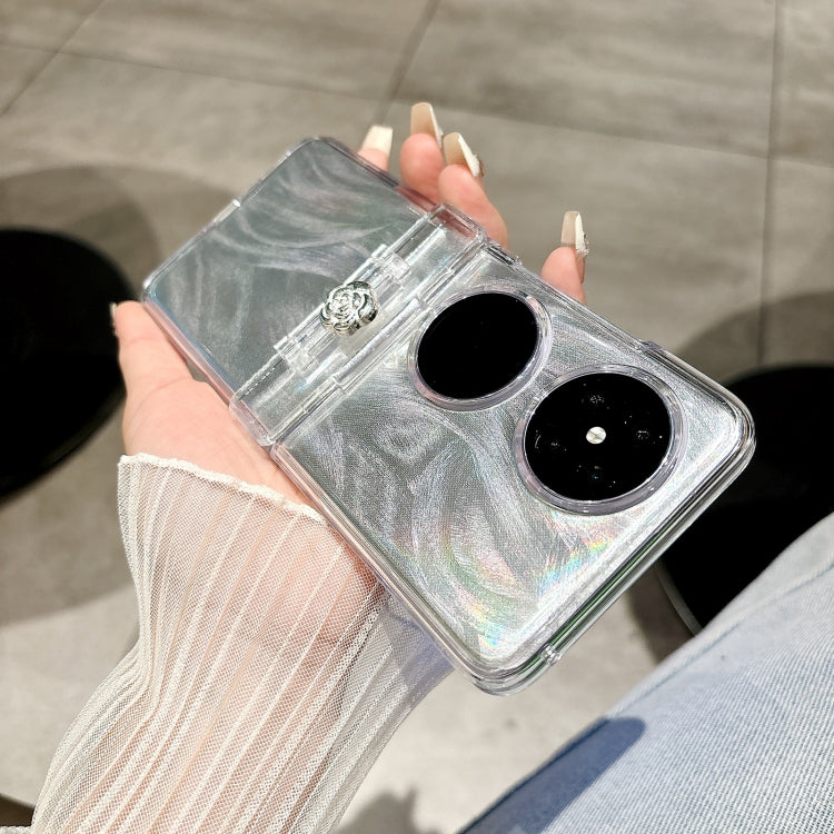 For Huawei P50 Pocket Skin Feel PC Feather Gauze Glitter Paper Camellia Phone Case with Bracelet(Transparent)