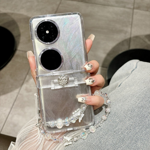 For Huawei P50 Pocket Skin Feel PC Feather Gauze Glitter Paper Camellia Phone Case with Bracelet(Transparent)