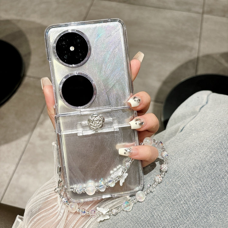 For Huawei P50 Pocket Skin Feel PC Feather Gauze Glitter Paper Camellia Phone Case with Bracelet(Transparent)