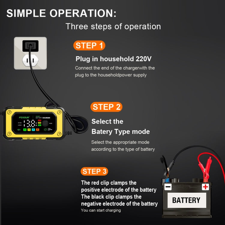 FOXSUR 7A 12V Car / Motorcycle Smart Battery Charger, Plug Type:EU Plug(Yellow)