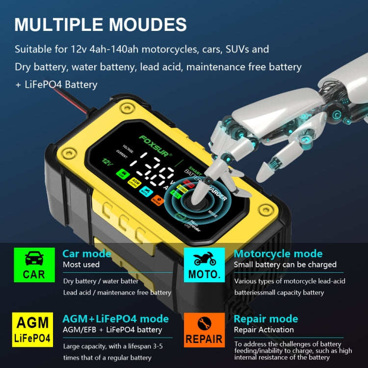 FOXSUR 7A 12V Car / Motorcycle Smart Battery Charger, Plug Type:UK Plug(Yellow) - Battery Charger by FOXSUR | Online Shopping South Africa | PMC TechLife | Buy Now Pay Later Mobicred