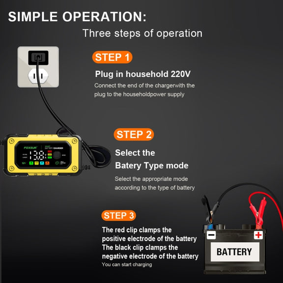 FOXSUR 7A 12V Car / Motorcycle Smart Battery Charger, Plug Type:UK Plug(Yellow)