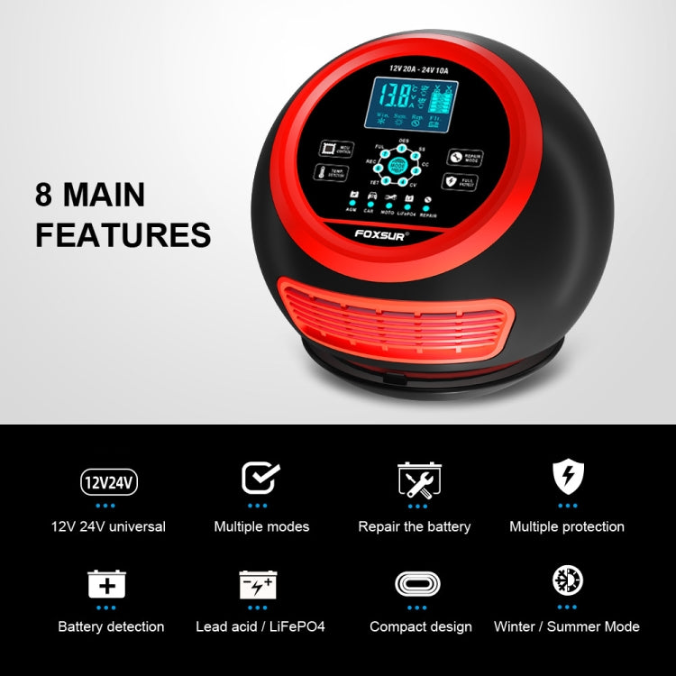 FOXSUR 20A 12V 24V Car / Motorcycle Smart Battery Charger, Plug Type:EU Plug(Red) - free shipping - PMC TechLife - Order now!