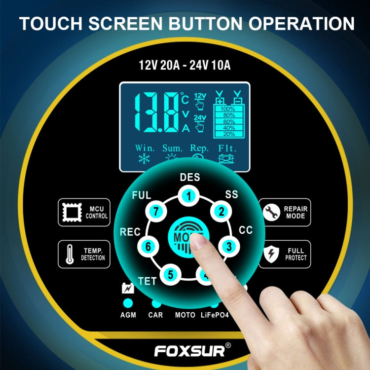 FOXSUR 20A 12V 24V Car / Motorcycle Smart Battery Charger, Plug Type:EU Plug(Yellow)