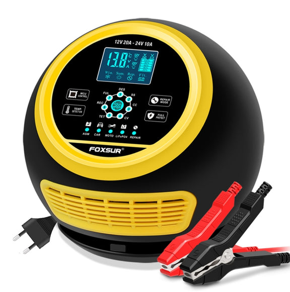 FOXSUR 20A 12V 24V Car / Motorcycle Smart Battery Charger, Plug Type:EU Plug(Yellow)