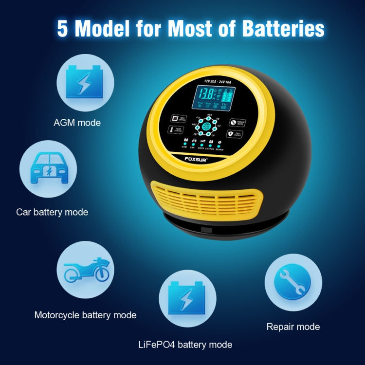 FOXSUR 20A 12V 24V Car / Motorcycle Smart Battery Charger, Plug Type:EU Plug(Yellow) - free shipping - PMC TechLife - Order now!