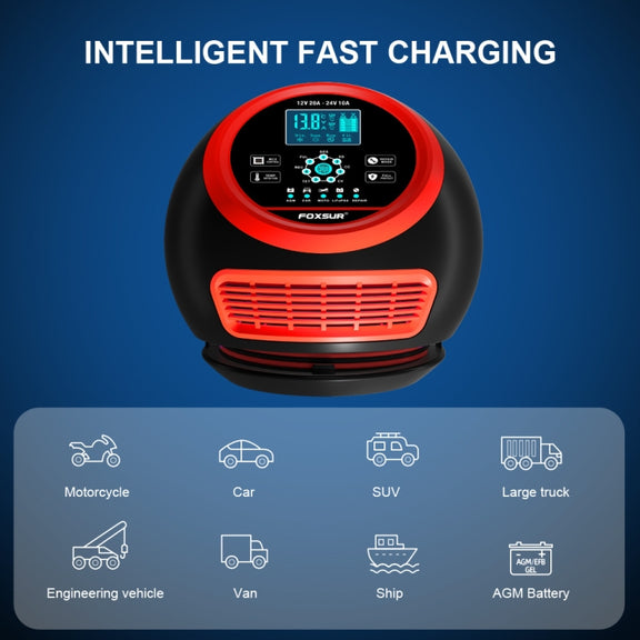FOXSUR 20A 12V 24V Car / Motorcycle Smart Battery Charger, Plug Type:US Plug(Red)