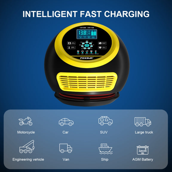 FOXSUR 20A 12V 24V Car / Motorcycle Smart Battery Charger, Plug Type:UK Plug(Yellow)