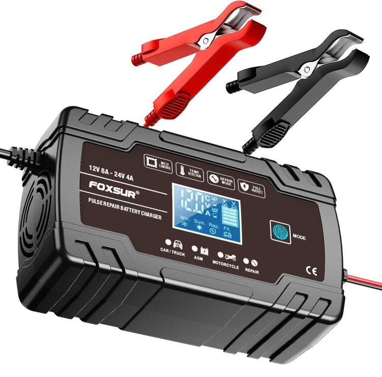 FOXSUR 8A 12V 24V Car / Motorcycle Smart Battery Charger, Plug Type:US Plug(Black)