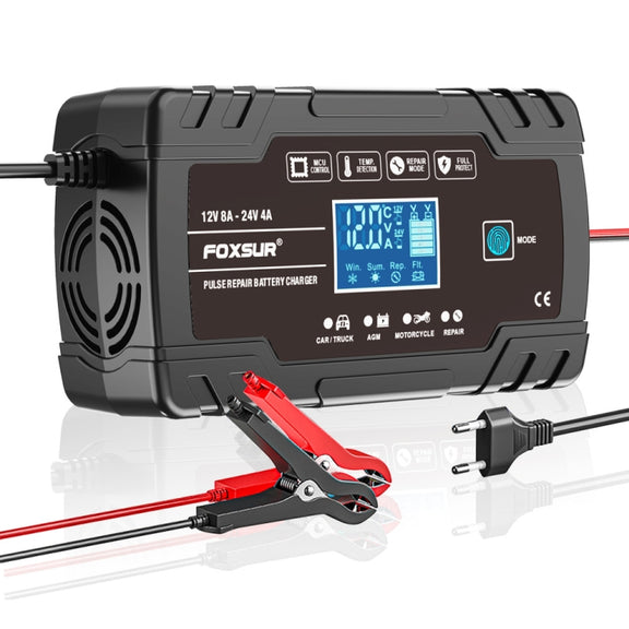 FOXSUR 8A 12V 24V Car / Motorcycle Smart Battery Charger, Plug Type:US Plug(Black)
