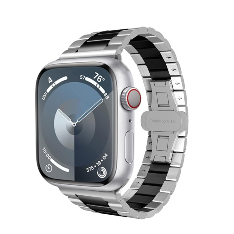 For Apple Watch Series 7 41mm Three-bead Butterfly Buckle Metal Watch Band(Silver Black) - Watch Bands by PMC TechLife | Online Shopping South Africa | PMC TechLife