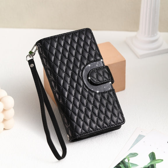 For iPhone 16 Pro Max Glitter Lattice Zipper Wallet Leather Phone Case(Black)