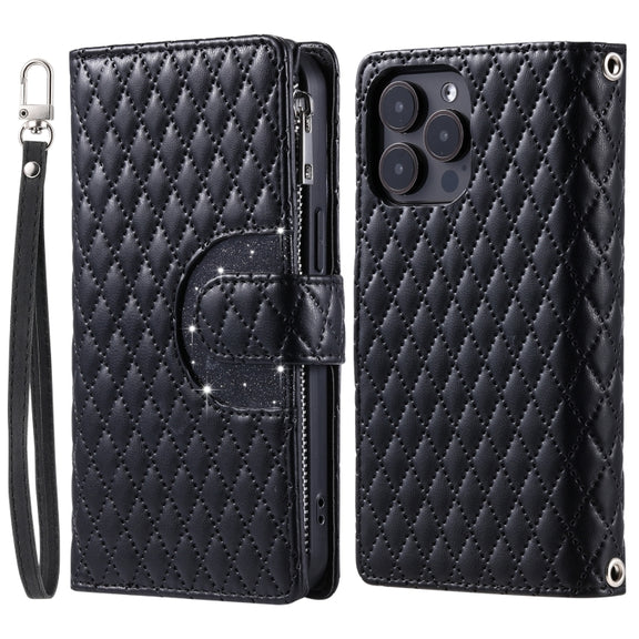 For iPhone 16 Pro Max Glitter Lattice Zipper Wallet Leather Phone Case(Black)