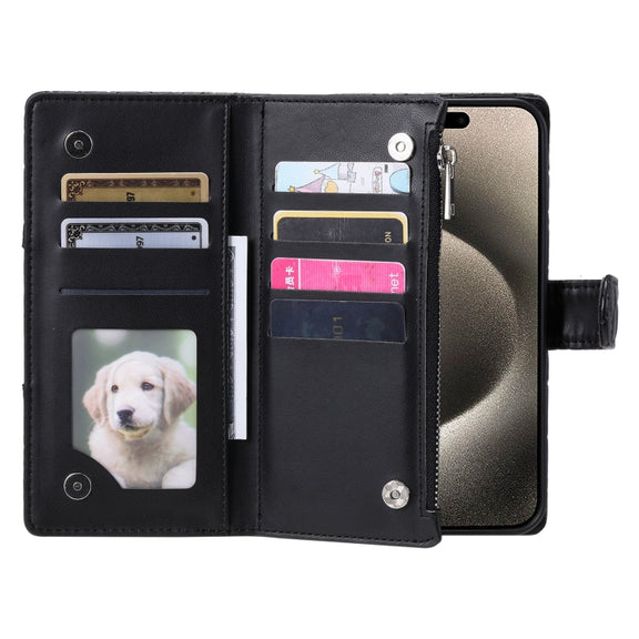 For iPhone 16 Pro Max Glitter Lattice Zipper Wallet Leather Phone Case(Black)
