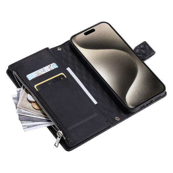 For iPhone 16 Pro Max Glitter Lattice Zipper Wallet Leather Phone Case(Black)