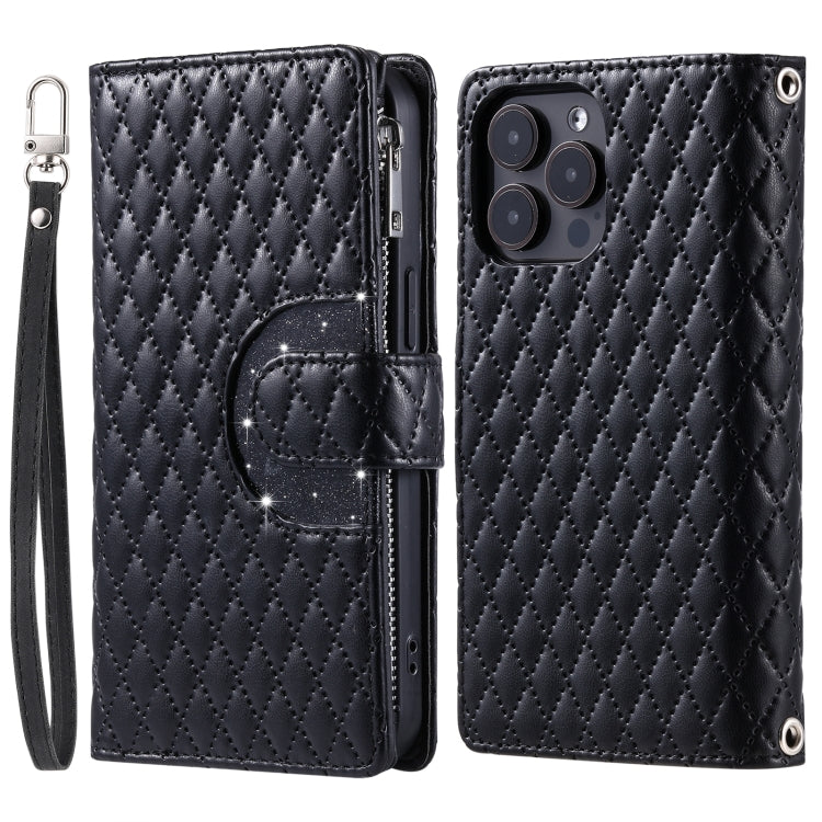 For iPhone 16 Pro Glitter Lattice Zipper Wallet Leather Phone Case(Black)