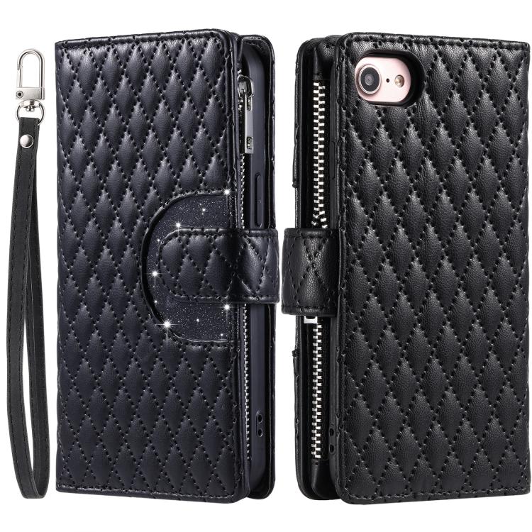 For iPhone 16e Glitter Lattice Zipper Wallet Leather Phone Case(Black) - iPhone 16e Cases by PMC TechLife | Online Shopping South Africa | PMC TechLife | Buy Now Pay Later Mobicred